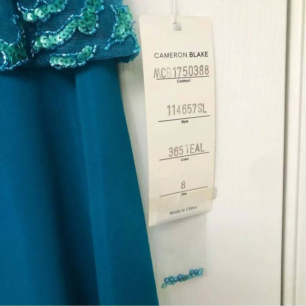 Cameron Blake by Mon Cheri Gown Dress Teal Beaded Sequins MOB Formal NWT 8